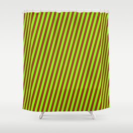 [ Thumbnail: Chartreuse and Brown Colored Lines Pattern Shower Curtain ]