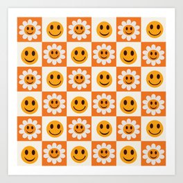 Checkered smiley flowers and smiley face on orange and white squares  Art Print