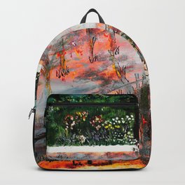 Black summer Backpack | Mixedflowers, Greenleaves, Painting, Acrylic, Orange, Blackplants, Burnrttrees, Watertanks, Metalsheds, Framed 