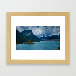 Drama ensues as storm clouds roll in over St. Mary Lake at Glacier National Park , Sun Point Trail Framed Art Print