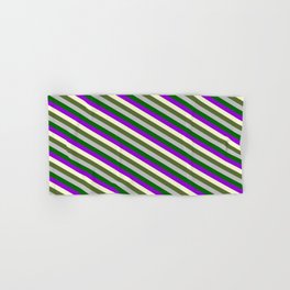 [ Thumbnail: Grey, Dark Green, Dark Violet, Light Yellow & Dark Olive Green Colored Stripes Pattern Hand & Bath Towel ]