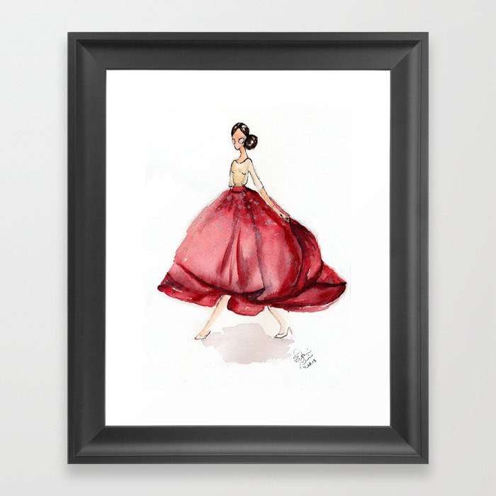 Red Fashion Watercolor Model Framed Art Print