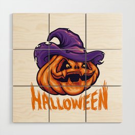 halloween pumpkin with witch hat Wood Wall Art