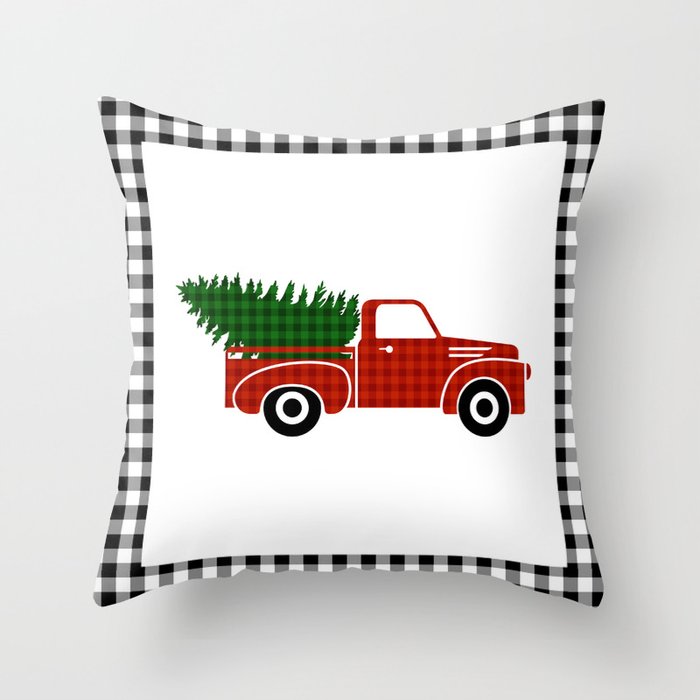 Black and White Buffalo Check Gingham Plaid framed Christmas Truck with Tree Throw Pillow