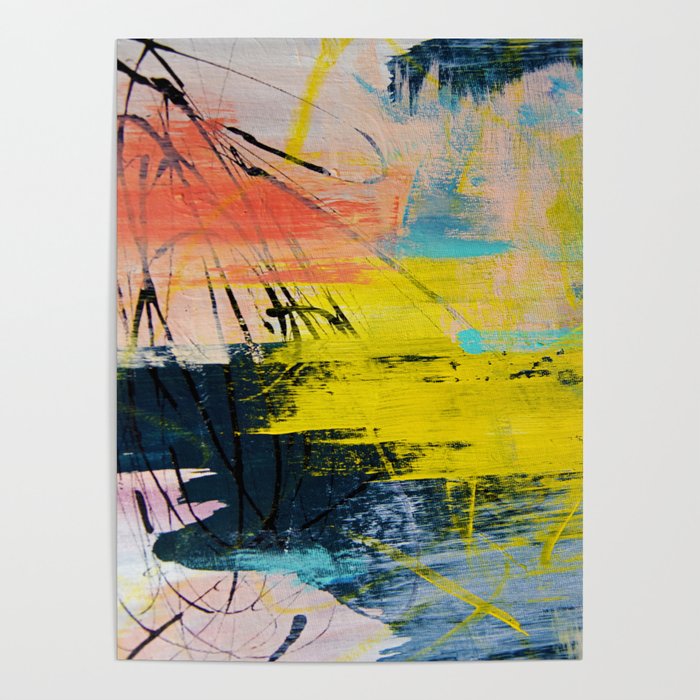 Adventurer: A vibrant abstract mixed-media piece in pink yellow and green by Alyssa Hamilton Art Poster