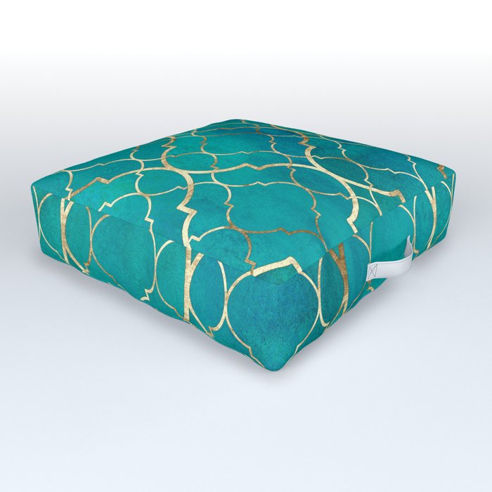 Teal Emerald Golden Moroccan Quatrefoil Pattern Outdoor Floor Cushion