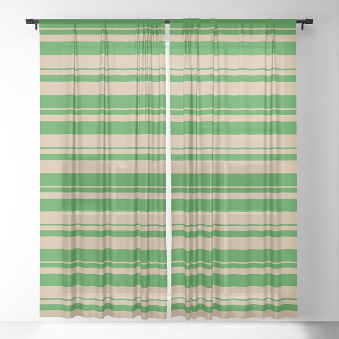 Forest Green and Tan Colored Striped/Lined Pattern Sheer Curtain