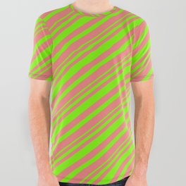 [ Thumbnail: Light Coral & Green Colored Striped Pattern All Over Graphic Tee ]