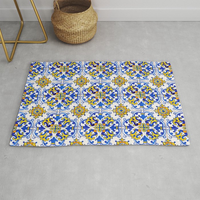 Blue Yellow Seamless Pattern Antique Portuguese Azulejo Tile Rug