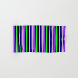 [ Thumbnail: Purple, Dark Blue, Lime, Plum, and Black Colored Lines Pattern Hand & Bath Towel ]