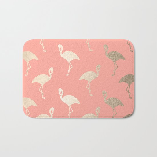 Gold Flamingo Pattern Coral Pink Bath Mat
