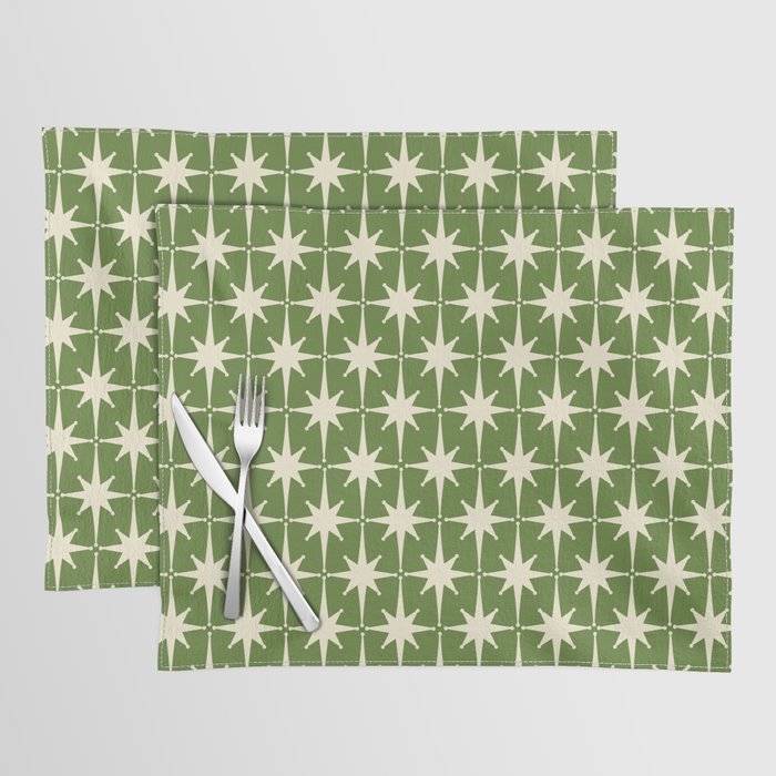 Atomic Age Starbursts - Midcentury Modern Pattern in Cream and Retro Green Placemat