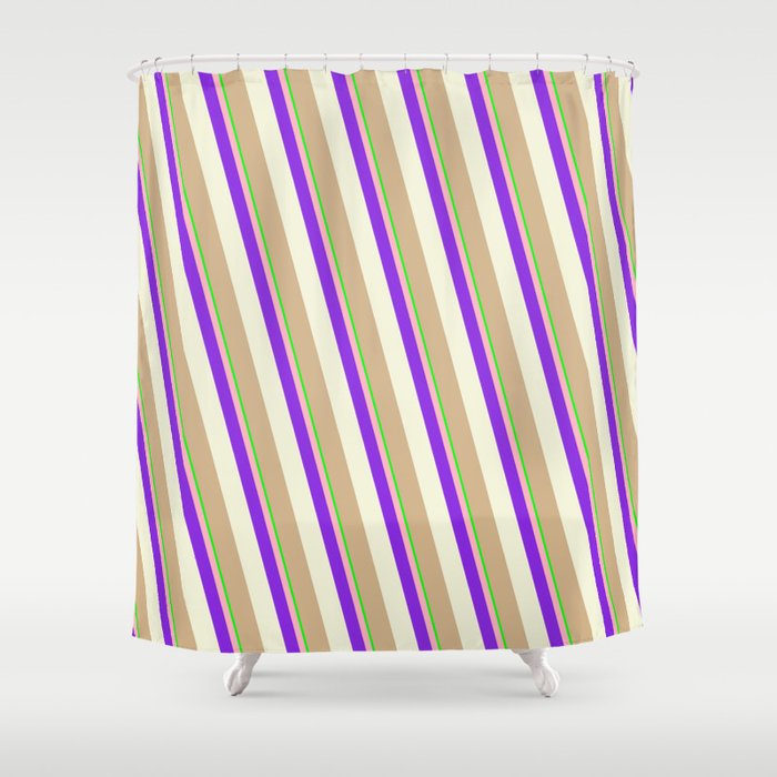 Eye-catching Lime, Light Pink, Purple, Beige & Tan Colored Stripes Pattern Shower Curtain