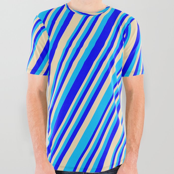Blue, Tan, and Deep Sky Blue Colored Lined/Striped Pattern All Over Graphic Tee