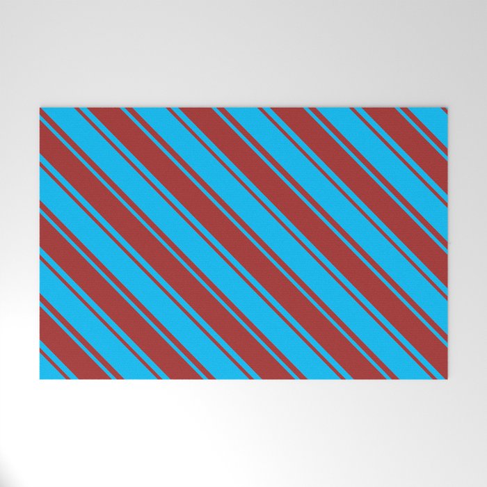 Deep Sky Blue & Brown Colored Striped Pattern Welcome Mat