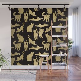 Gold Metallic Cat Silhouette on Black Background Wall Mural