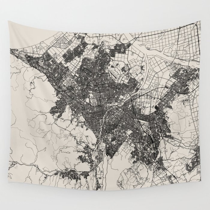 Sapporo - Japanese City Map - Black and White Wall Tapestry