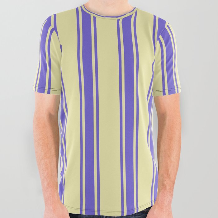 Pale Goldenrod and Slate Blue Colored Striped/Lined Pattern All Over Graphic Tee
