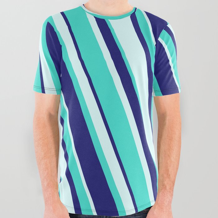Turquoise, Midnight Blue, and Light Cyan Colored Stripes/Lines Pattern All Over Graphic Tee