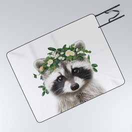 Baby Raccoon with Flower Crown, Baby Girl Nursery, Baby Animals Art Print by Synplus Picnic Blanket
