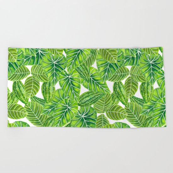 Watercolor tropical leaves pattern design Beach Towel