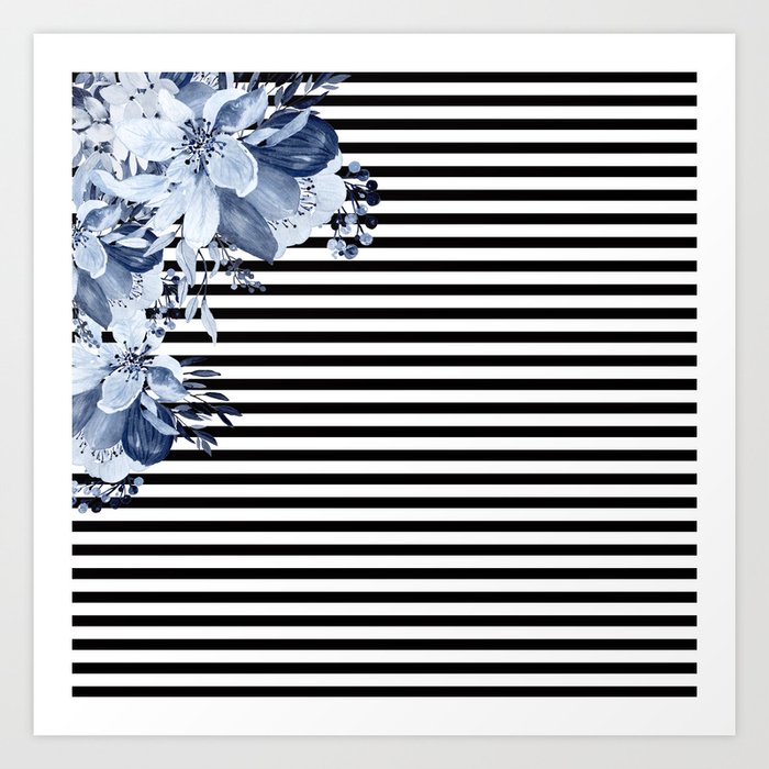 Blue Boho Flowers and Stripes Art Print