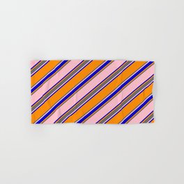 [ Thumbnail: Pink, Blue, Dark Orange, and Dim Gray Colored Pattern of Stripes Hand & Bath Towel ]