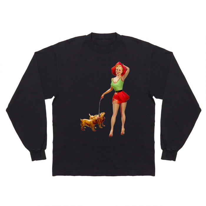 Sexy Blonde Pin Up With Green Dress Red Skirt And Two Dogs Long Sleeve T Shirt