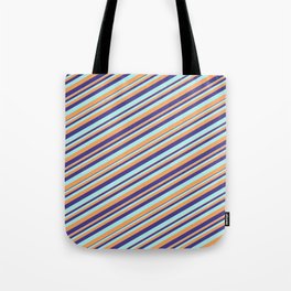 [ Thumbnail: Dark Slate Blue, Turquoise & Brown Colored Stripes/Lines Pattern Tote Bag ]