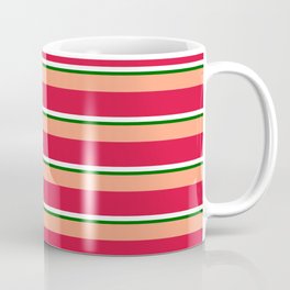 [ Thumbnail: Light Salmon, Crimson, White & Dark Green Colored Striped Pattern Coffee Mug ]
