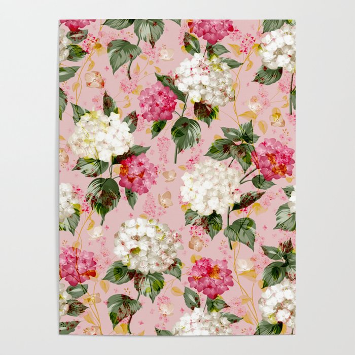 Vintage green pink white bohemian hortensia flowers Poster