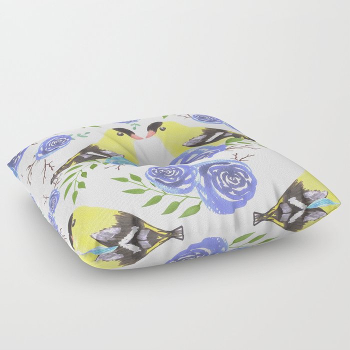 American goldfinch or Spinus tristis bird and roses Floor Pillow