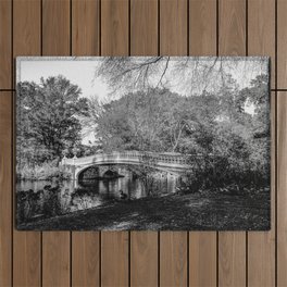 Autumn Fall in Central Park Bow Bridge in New York City black and white Outdoor Rug