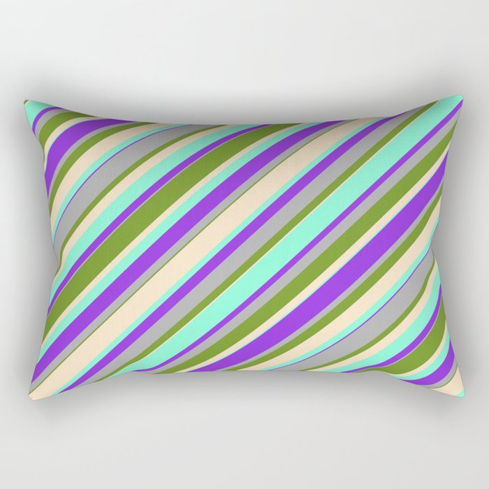Green, Bisque, Aquamarine, Purple & Dark Gray Colored Stripes Pattern Rectangular Pillow