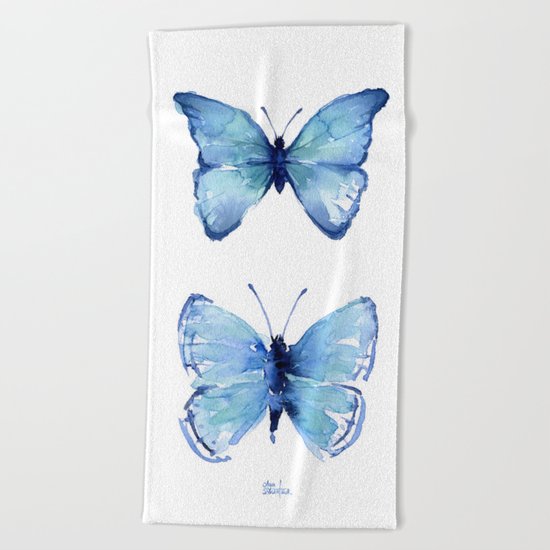 Blue Butterfly Watercolor Beach Towel