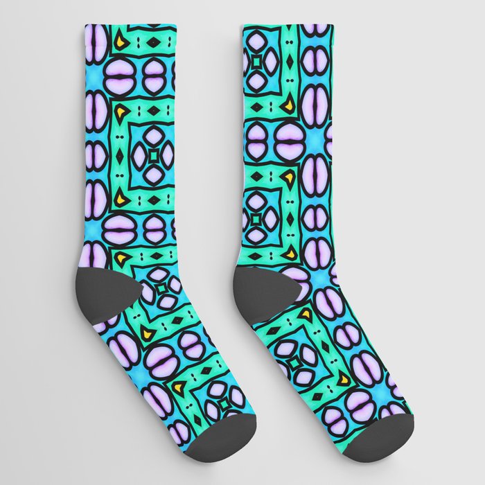 Modern abstract geometrical pattern in lavender, black, yellow, purple, turquoise blue, light green, turquoise Socks