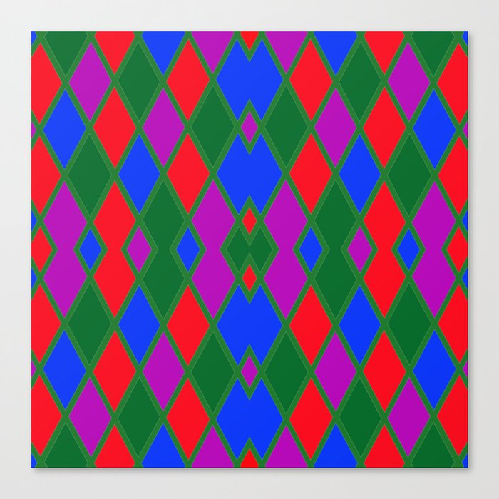 Argyle Pattern Using Red Green Blue and Purple Diamonds Outlined in Green Lines Canvas Print