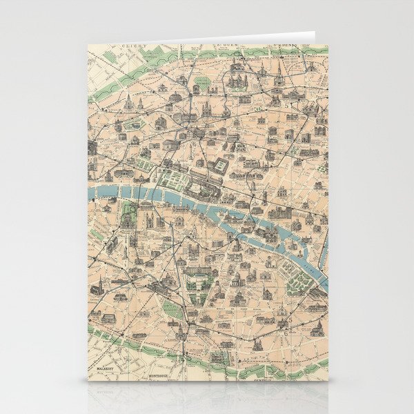 Paris Its Monuments. Practical Visitor's Guide.-Old vintage map Stationery Cards