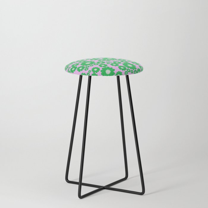 Retro Modern 70’s Green Flowers On Pink Counter Stool