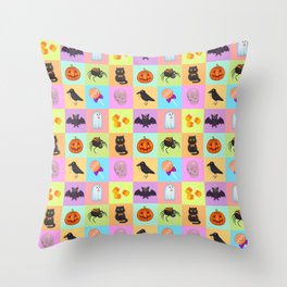Halloween quilt Throw Pillow | Blackcat, Quilt, Drawing, Digital, Pumpkin, Squares, Spooky, Party, Crow, Bat 
