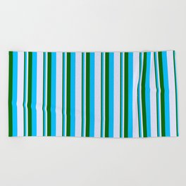 [ Thumbnail: Dark Green, Deep Sky Blue & Lavender Colored Lined/Striped Pattern Beach Towel ]