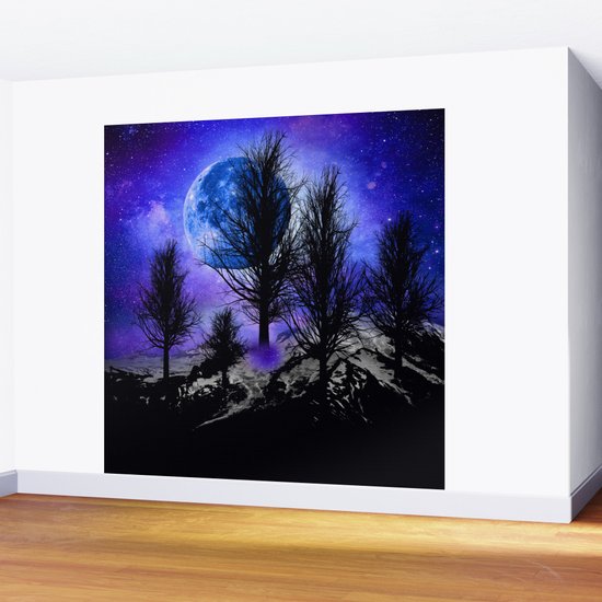 Nebula Stars Moon Black Trees Mountains Violet Blue Wall Mural By
