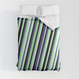 [ Thumbnail: Dark Slate Blue, Light Green, Light Cyan & Black Colored Lines/Stripes Pattern Comforter ]