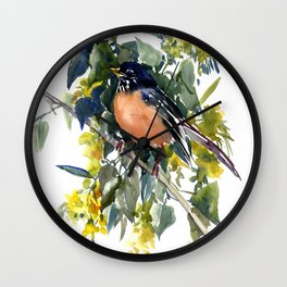 American Robin on Linden Tree, Deep blue Cottage Woodland style design Wall Clock