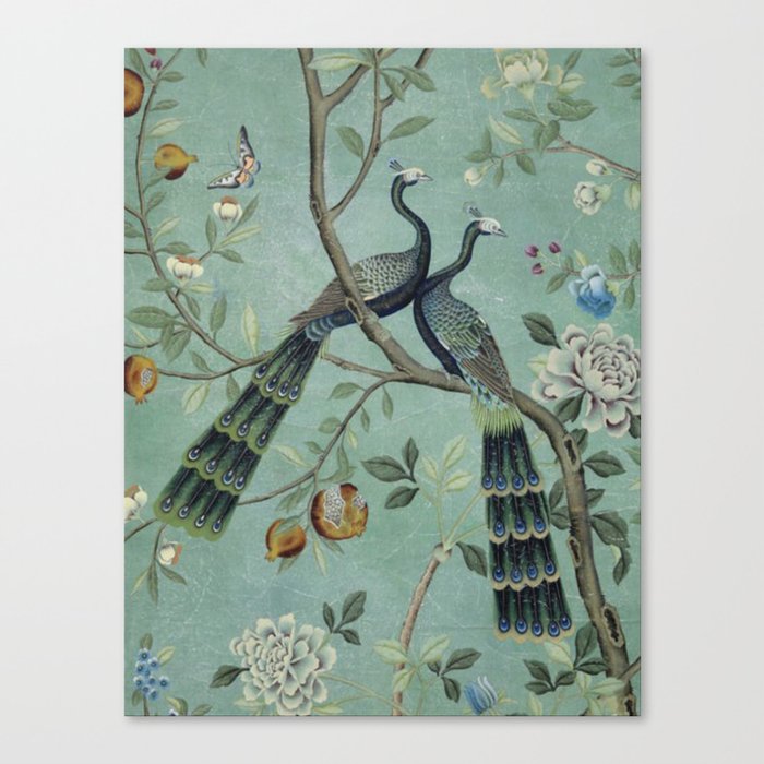 A Teal of Two Birds Chinoiserie Canvas Print