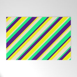 [ Thumbnail: Indigo, Yellow, Beige & Green Colored Pattern of Stripes Welcome Mat ]