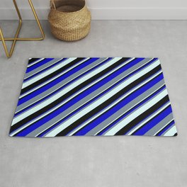 [ Thumbnail: Blue, Light Slate Gray, Light Cyan, and Black Colored Lined/Striped Pattern Rug ]