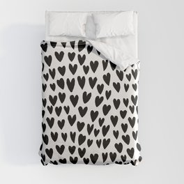 Linocut printmaking hearts pattern minimalist black and white heart gifts Duvet Cover