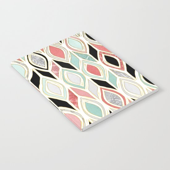 Patchwork Pattern in Coral, Mint, Black & White Notebook