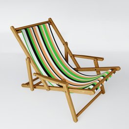 [ Thumbnail: Brown, Lime Green, Black & Mint Cream Colored Stripes Pattern Sling Chair ]